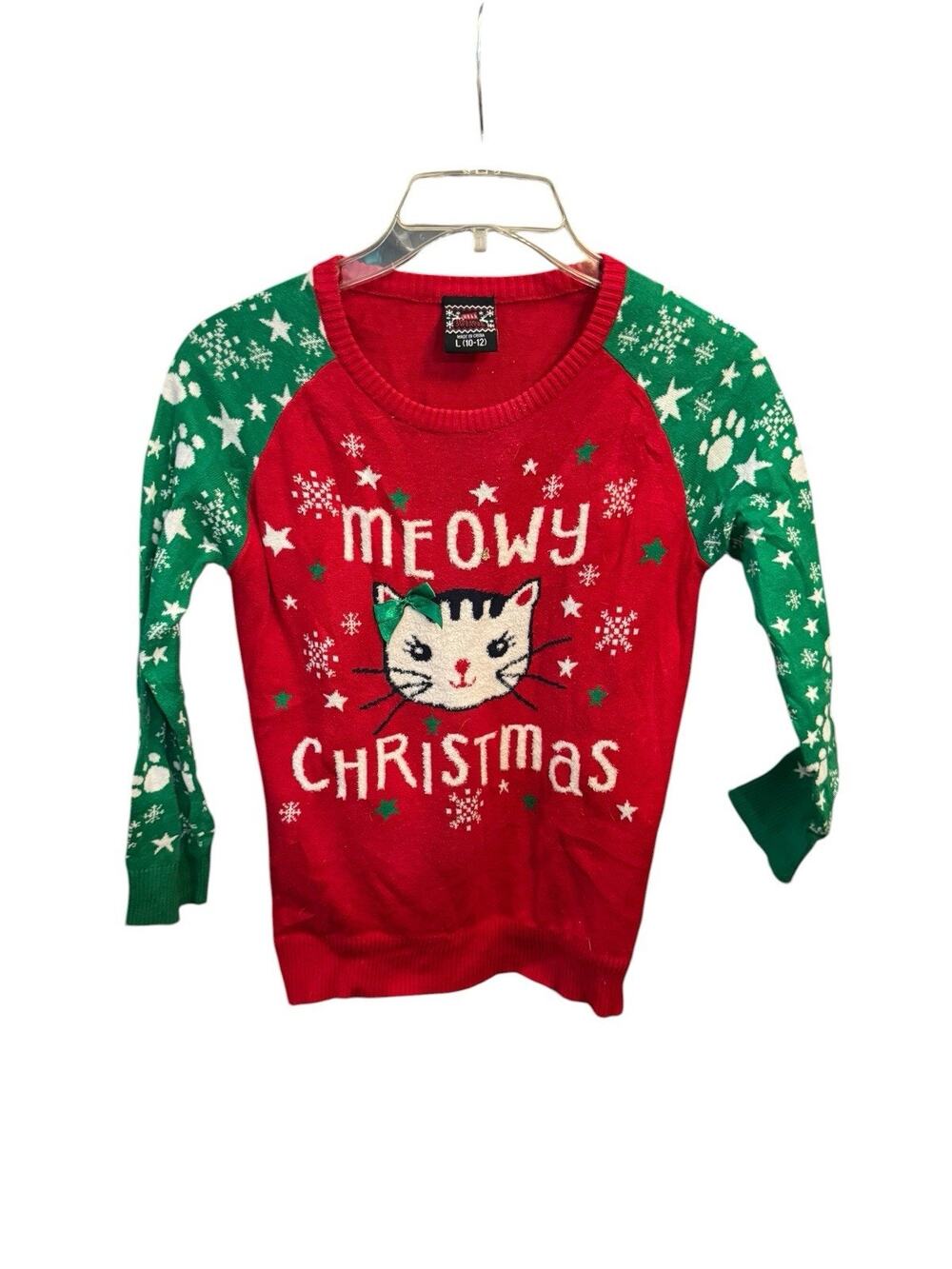 Well Worn Holiday Sweaters Girls Meowy Christmas Cat Kitten Ugly Large 10-12
